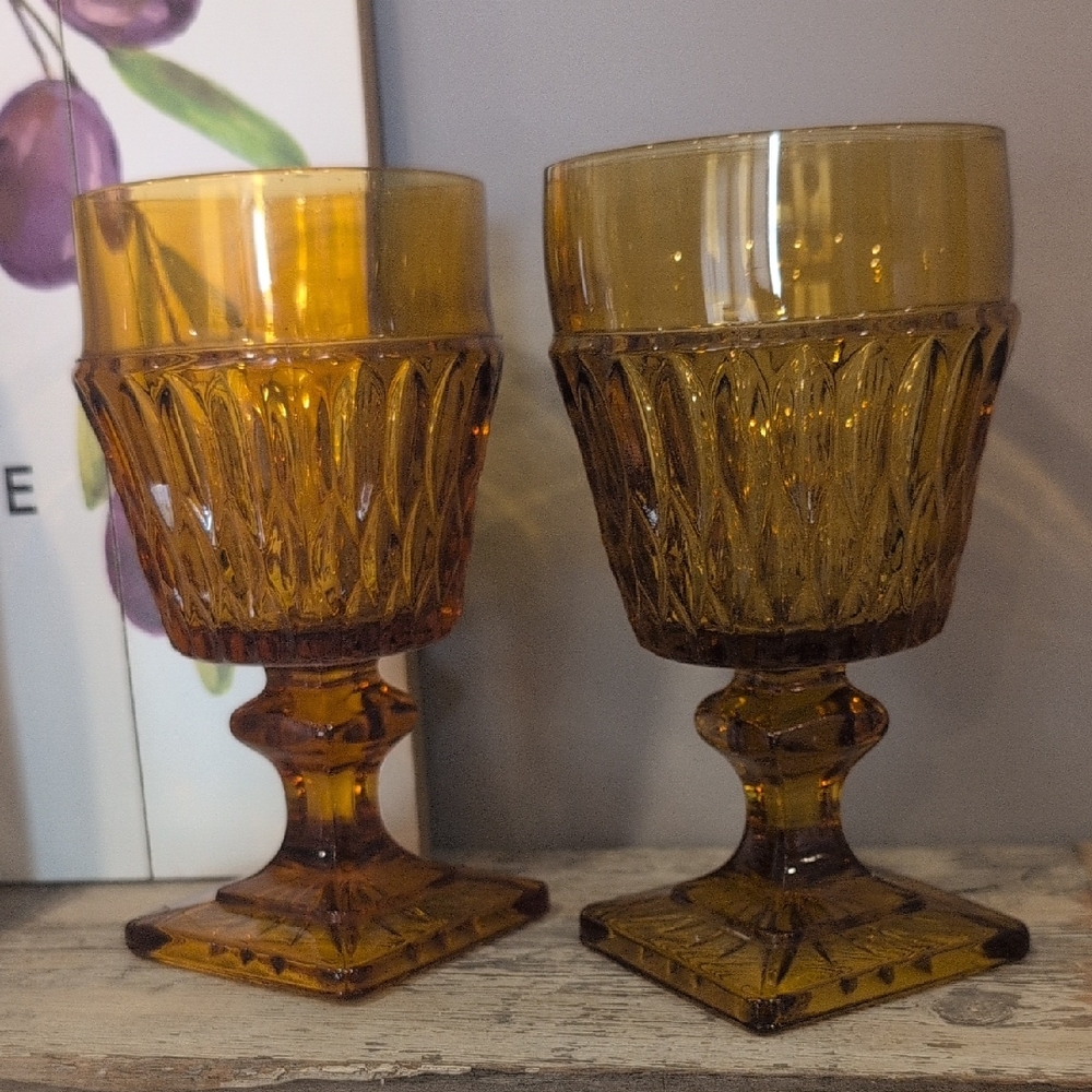 Amber Indiana Glass Set Of Two Goblets 5.5"